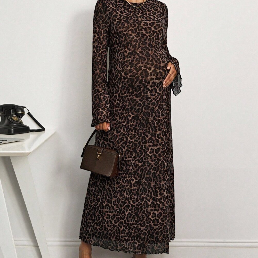 Brown Elegant Women's Casual Leopard Long Sleeve Maternity Dress - Picture 4 of 6
